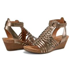 Outlet Earth Shoes Hattie Round Toe Strappy Wedge Sandals Pewter