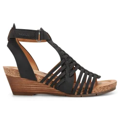 Outlet Earth Shoes Hattie Round Toe Strappy Wedge Sandals Black