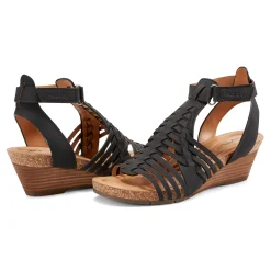 Outlet Earth Shoes Hattie Round Toe Strappy Wedge Sandals Black