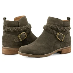 Earth Shoes Nicole Round Toe Stacked Heel Casual Booties Dark Green